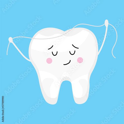 Cute tooth with dental floss on light blue background