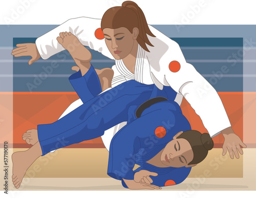 para sports paralympics judo two visually impaired females in takedown with background