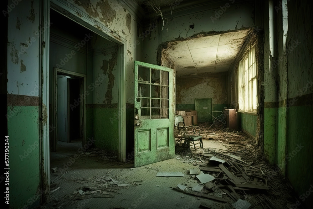Old abandoned hospital interior, generative AI