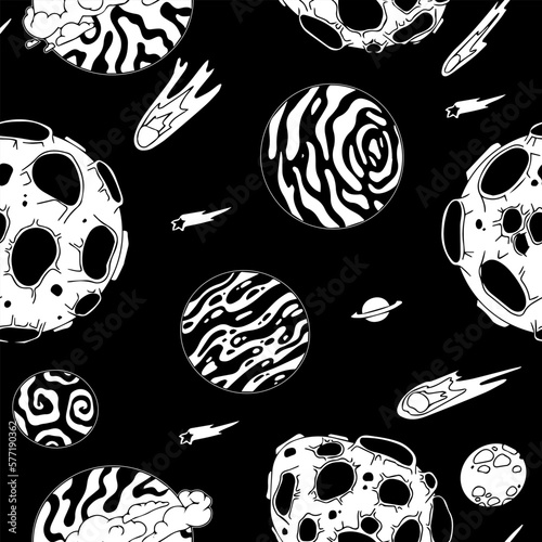 Open space. UFOs  spaceships  rockets. Solar system  Intergalactic travel. Galaxies  planets  asteroids  comets  shooting stars. Black and white pattern. Vector.