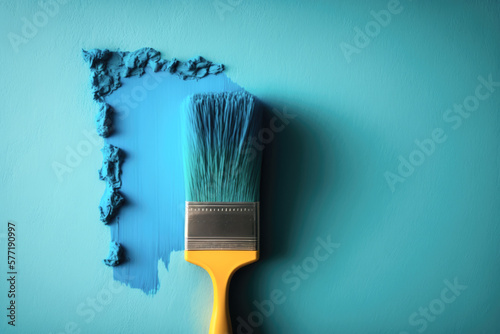 paintbrush to apply a bright and vibrant color to a freshly renovated wall. The brush strokes are visible and add a textured, artistic feel to the space. AI generative photo