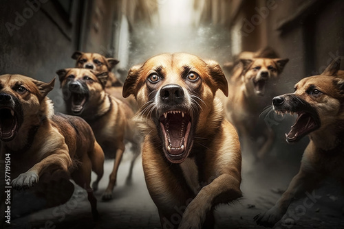 Fototapeta Scary pack of aggressive stray dogs attacks stranger and barks loudly and shouts