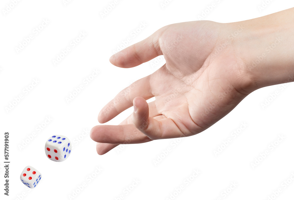 The dice game: hand throwing game cubes, cut out The dice game: hand throwing game cubes, cut out