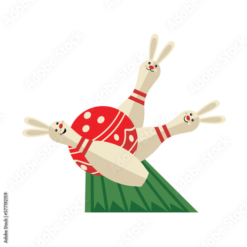 Festive bowling party pins with rabbit ears vector icon. Fancy bunny pins, red Easter ball cartoon design element illustration. Easter spring holidays team play competition, bowling club entertainment