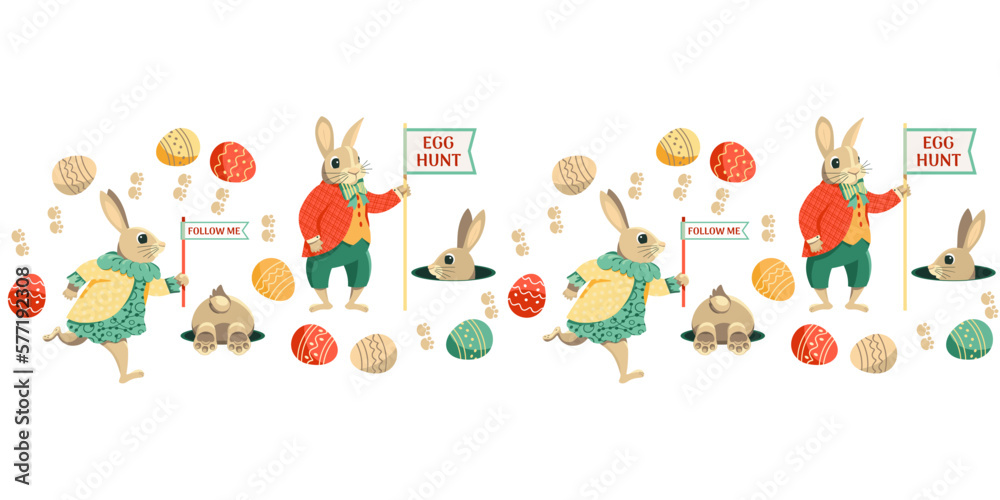 Easter egg hunt game funny seamless vector pattern border. Cute rabbit bunny path, Easter eggs cartoon minimal design. Festive family, children fun event invitation flyer frame background illustration