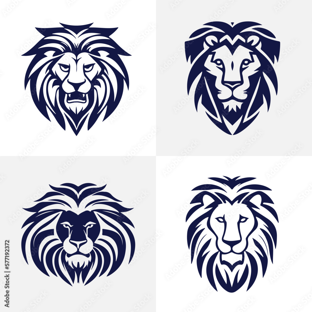 Lion head face logo set silhouette black icon tattoo mascot hand drawn ...