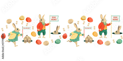 Easter egg hunt game funny seamless vector pattern border. Cute rabbit bunny path, Easter eggs cartoon minimal design. Festive family, children fun event invitation flyer frame background illustration