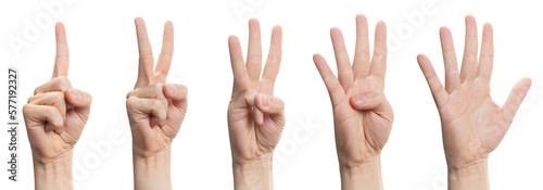 Hands set showing number signs from 1 to 5, cut out