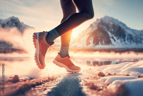 a trail runner shoes in the midst of a snowy landscape, surrounded by trees and fresh powder. AI generative © EdNurg
