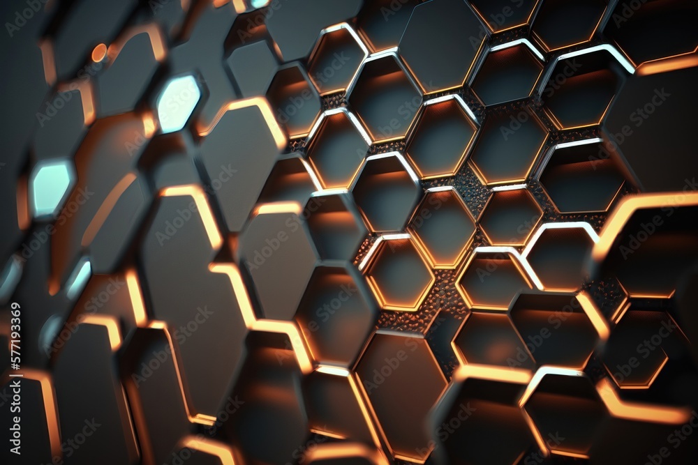 Hexagonal abstract metal background with light. AI generation Hexagonal abstract metal background with light. AI generation