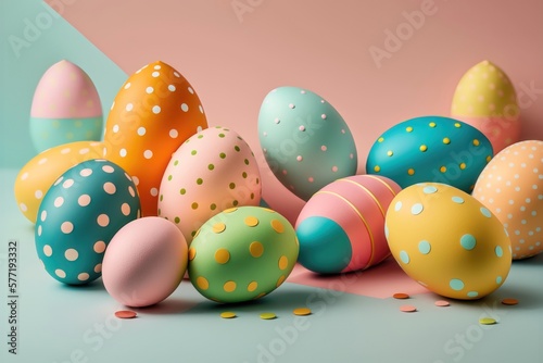 Colourful Easter eggs on pastel background. AI Generation