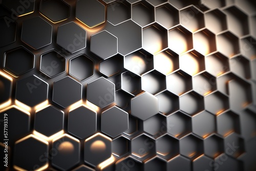 Hexagonal abstract metal background with light. AI generation