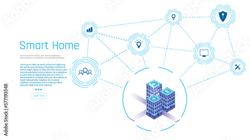 Banner of Smart Home technology. The building consists of numbers and is connected by icons of household smart devices. Intelligent home management system. 