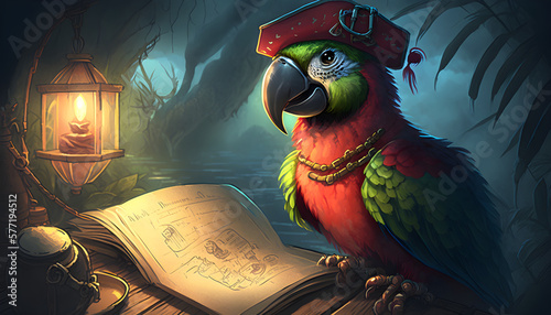 parrott and treasure map, cartoon style