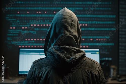 Dangerous Hooded Hacker Breaks into Government Data Servers and Infects Their System with a Virus. His Hideout Place has Dark Atmosphere, Multiple Displays, Cables Everywhere. AI generative