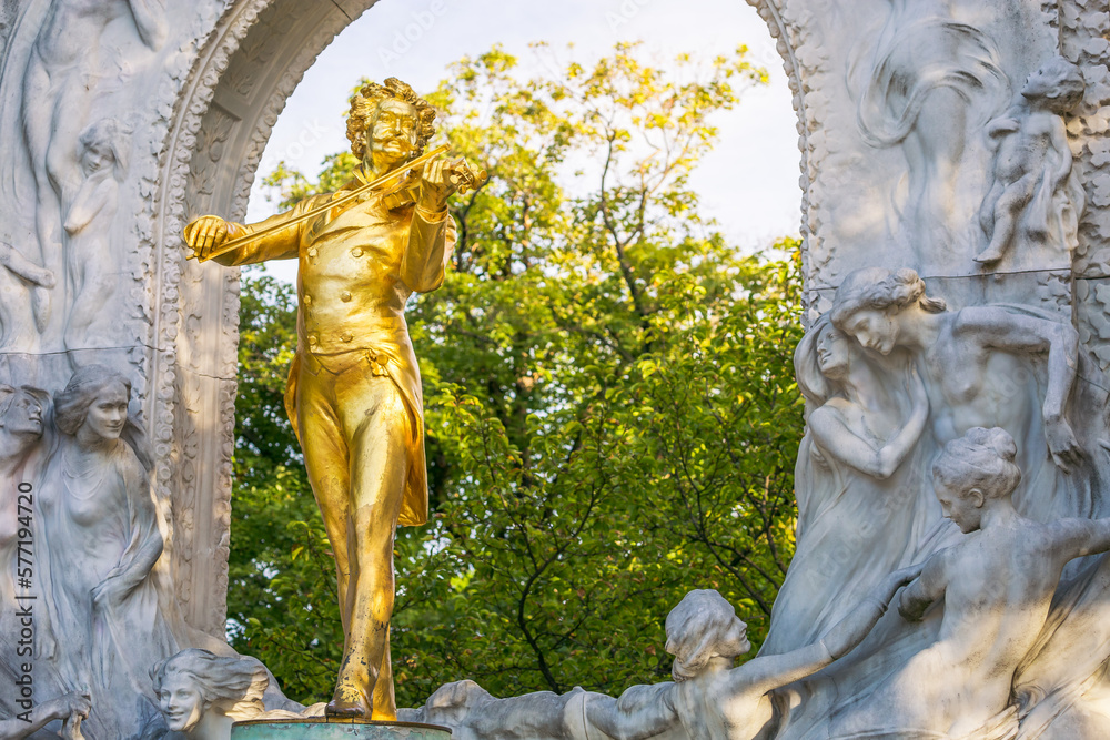 Monument to composer Johann Strauss in Stadtpark at spring, Vienna, Austria