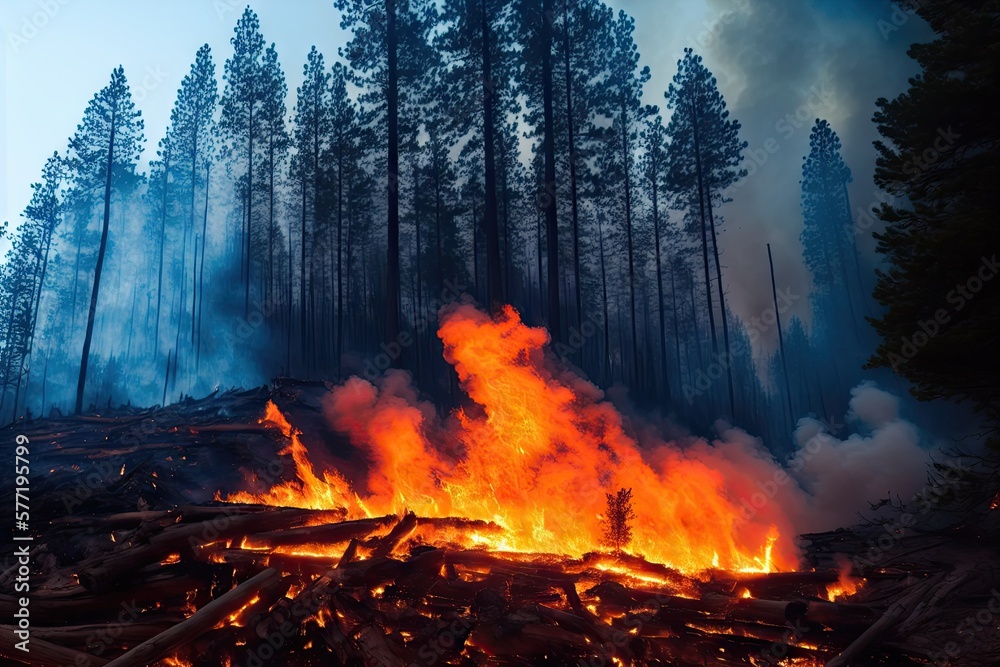 Intense flames from a massive forest fire, generative ai. Flames light up the evening as they rage thru pine forests and sage brush Intense flames from a massive forest fire, generative ai. Flames light up the evening as they rage thru pine forests and sage brush
