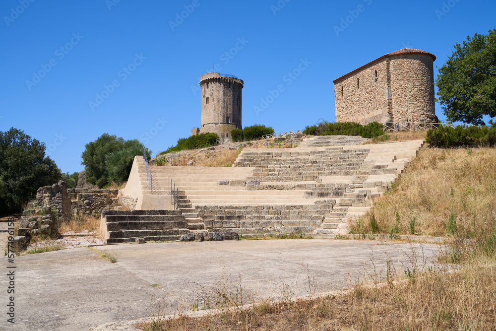 Theater, Norman Tower and Capella Palatina of Velia. Part of the Elea Unesco World Heritage Site in the Salerno region of southern Italy. Ancient Greek and Roman culture. Part of Magna Grecia.