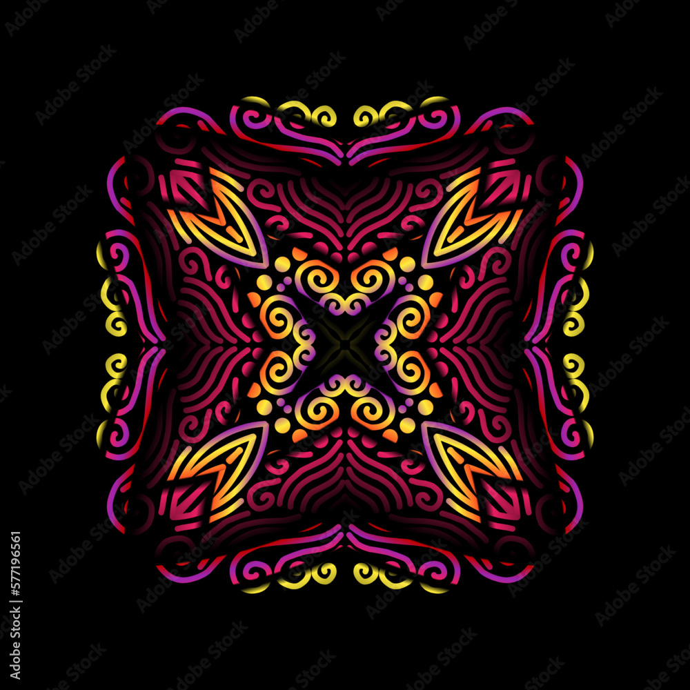 colourful caleidoscope symmetrical gradient modern line art pattern of indonesian culture traditional tenun batik ethnic dayak ornament for wallpaper ads background 

