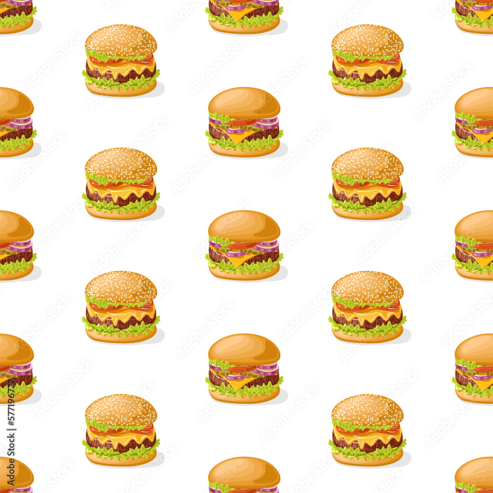 Burger with meat, cheese, sauce and vegetables. Seamless pattern. Texture for fabric, wrapping, wallpaper. Decorative print.
Burger with meat, cheese, sauce and vegetables. Seamless pattern. Texture for fabric, wrapping, wallpaper. Decorative print.