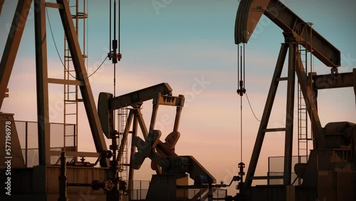 Oil rigs or pumps. Industrial construction ground drilling equipment. Pump jack extracting oil from oil well from underground. Fossil fuel, gas, petroleum. Crude oil mining platform. 3D Render concept