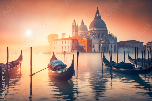 a classic gondola boat gliding along a peaceful canal at scenic sunset in the romantic city of Venice, Italy. AI generative