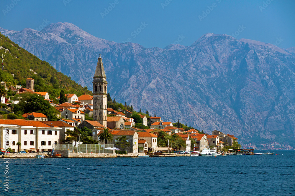 Perast village, next to Kotor, Montenegro viewed from the Adriatic Perast village, next to Kotor, Montenegro viewed from the Adriatic