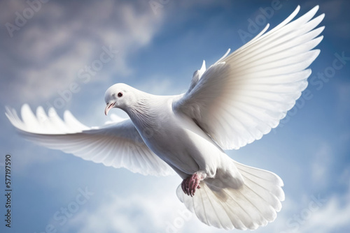 White pigeon of peace against blue sky background. AI generative