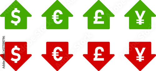 US Dollar Euro British Pound Sterling Japanese Yen or Chinese Yuan Price Value Green Up and Red Down Arrow Icon Set with Currency Signs. Vector Image.