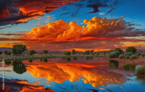 Summer sunset reflection on water with clouds