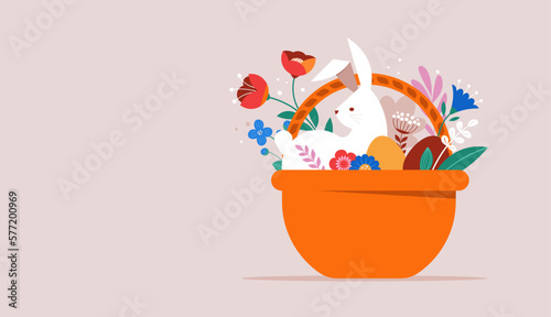 Happy Easter, decorated geometric style Easter card, banner. Bunnies, Easter eggs, flowers and basket. Modern minimalist design