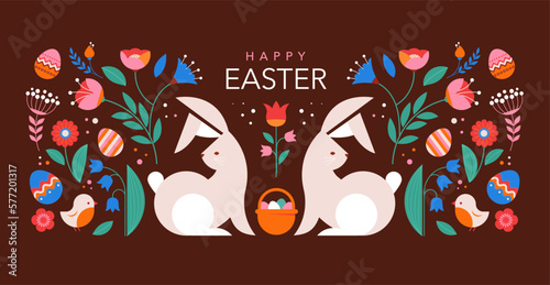 Happy Easter, decorated geometric style Easter card, banner. Bunnies, Easter eggs, flowers and basket. Modern minimalist design