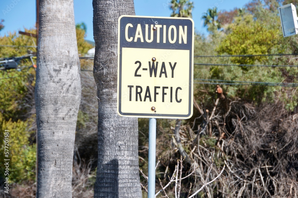 Caution two way traffic sign black and white Malibu California