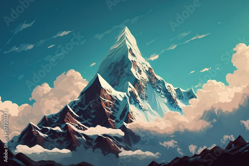 Snow covered mountain peak above the clouds. Generative AI photo
