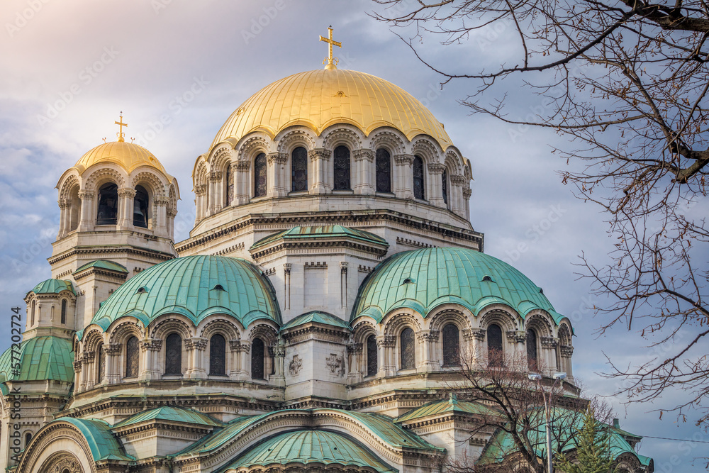 Alexander Nevski cathedral square in Sofia at dramatic autumn sunset, Bulgaria