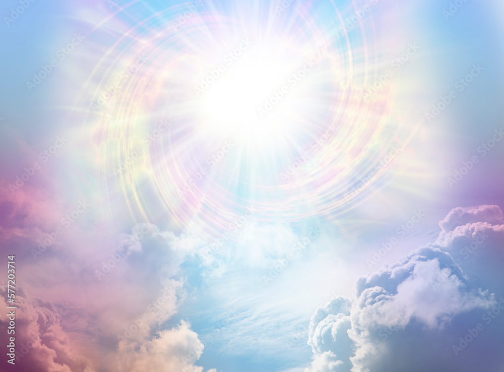 Divine Intelligence Spectacular Event Vortexing Sky - a massive high altitude spiraling star sun burst above multicoloured cloudscape with copy space for healing spiritual messages
 - obrazy, fototapety, plakaty 