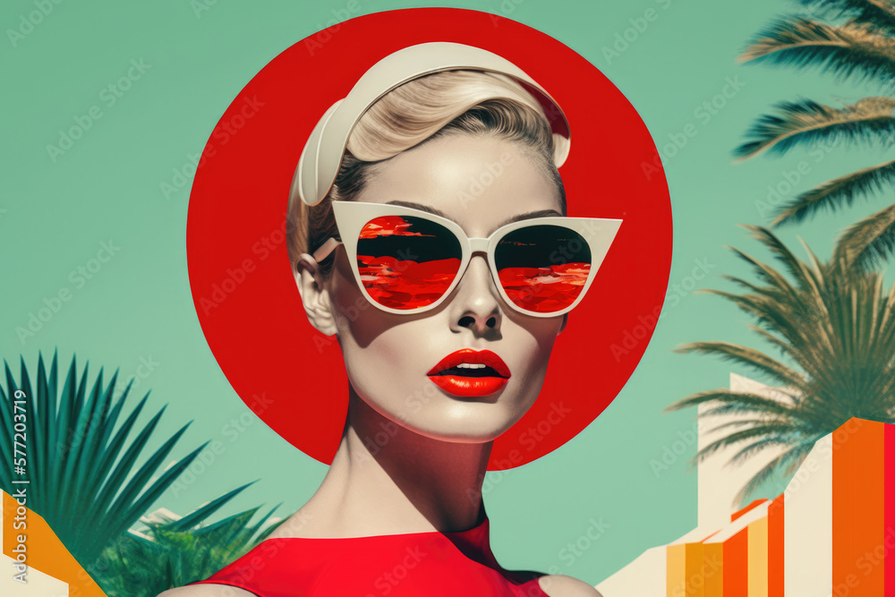 Retro stylefashion woman wearing trendy sunglasses. Pin up girl. Generative AI - obrazy, fototapety, plakaty 