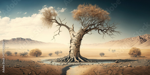 Papier peint "Solitary weathered tree in a drought-stricken landscape" AI generative