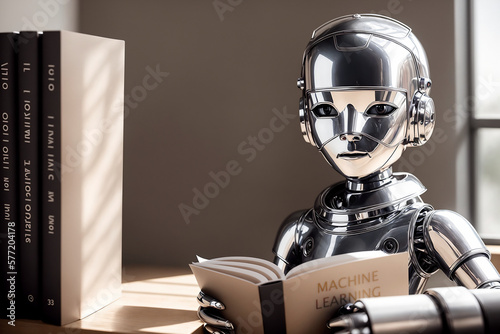 An antropomothic robot android reading a book, concept of machine learning. AI generative photo