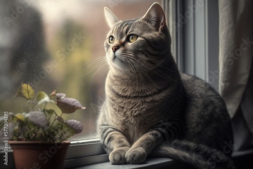 Fotografie, Obraz tabby cat sitting on windowsill, created with Generative AI technology