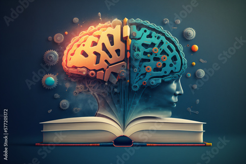 Human brain on a book, concept of success in the education, books and knowledge, science, culture, imagination. Generative AI.