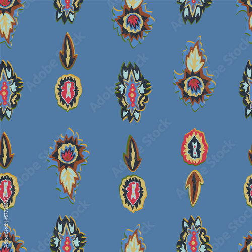 Folk, ethnic, hippie seamless pattern with 70s retro vibes. Abstract colorful tribal spots repeat, blots backdrop.