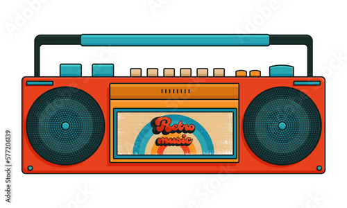Retro label tape recorder for mix tape design, 80's revival, party poster or cover. vector sign or icon