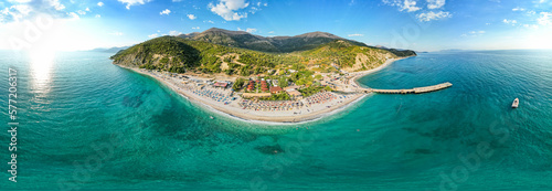 Large panorama aerial view of Bunec Beach area in Summer 2022, Albania