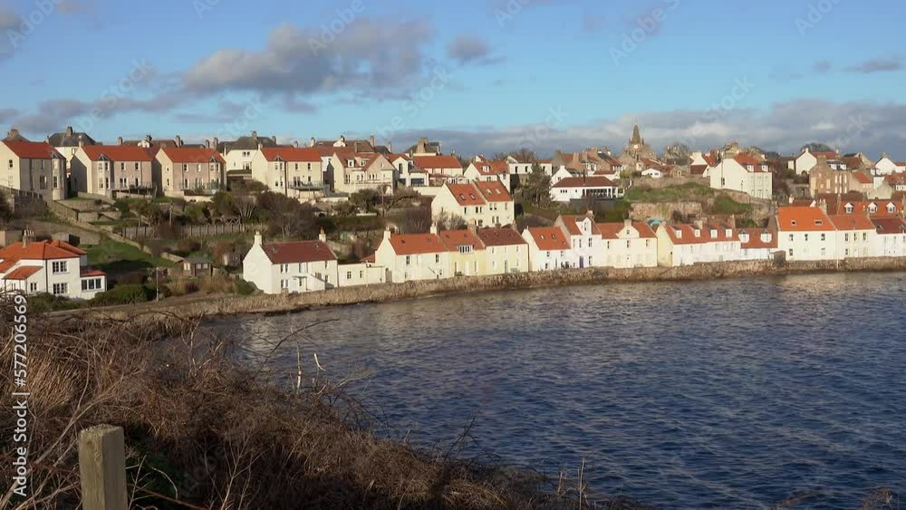 Pittenweem, a charming fishing village in the East Neuk of Fife on the East coast of Scotland. Filmed from an elevated position.