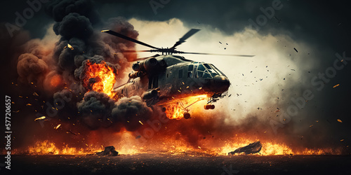 Air Crash. Burning falling helicopter. War concept. Military scene of flying helicopter fire background effect. digital ai art	 photo