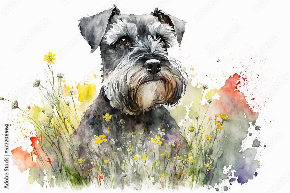 Watercolor painting of cute schnauzer dog in a colorful flower field ...