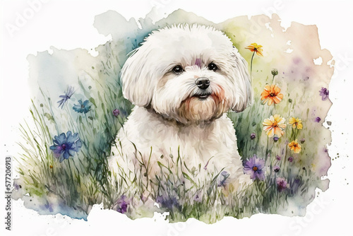 Watercolor painting of cute maltese dog in a colorful flower field. Ideal for art print, greeting card, springtime concepts etc. Made with generative AI. 