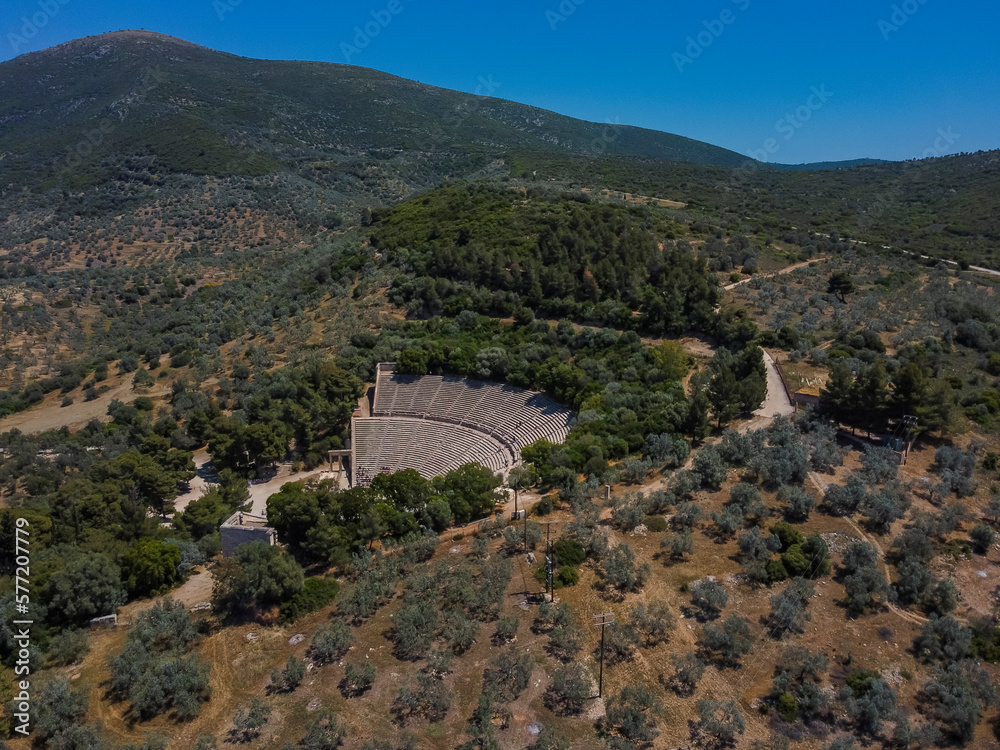 Aerial view Ancient Theatre of Epidaurus by drone. Summer Greece. 