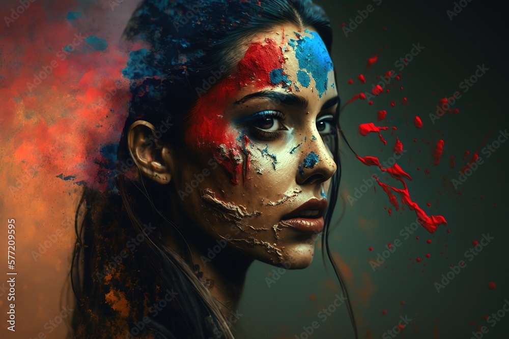 Abstract woman portrait with paint splatter over dark background. Generative AI illustration poster